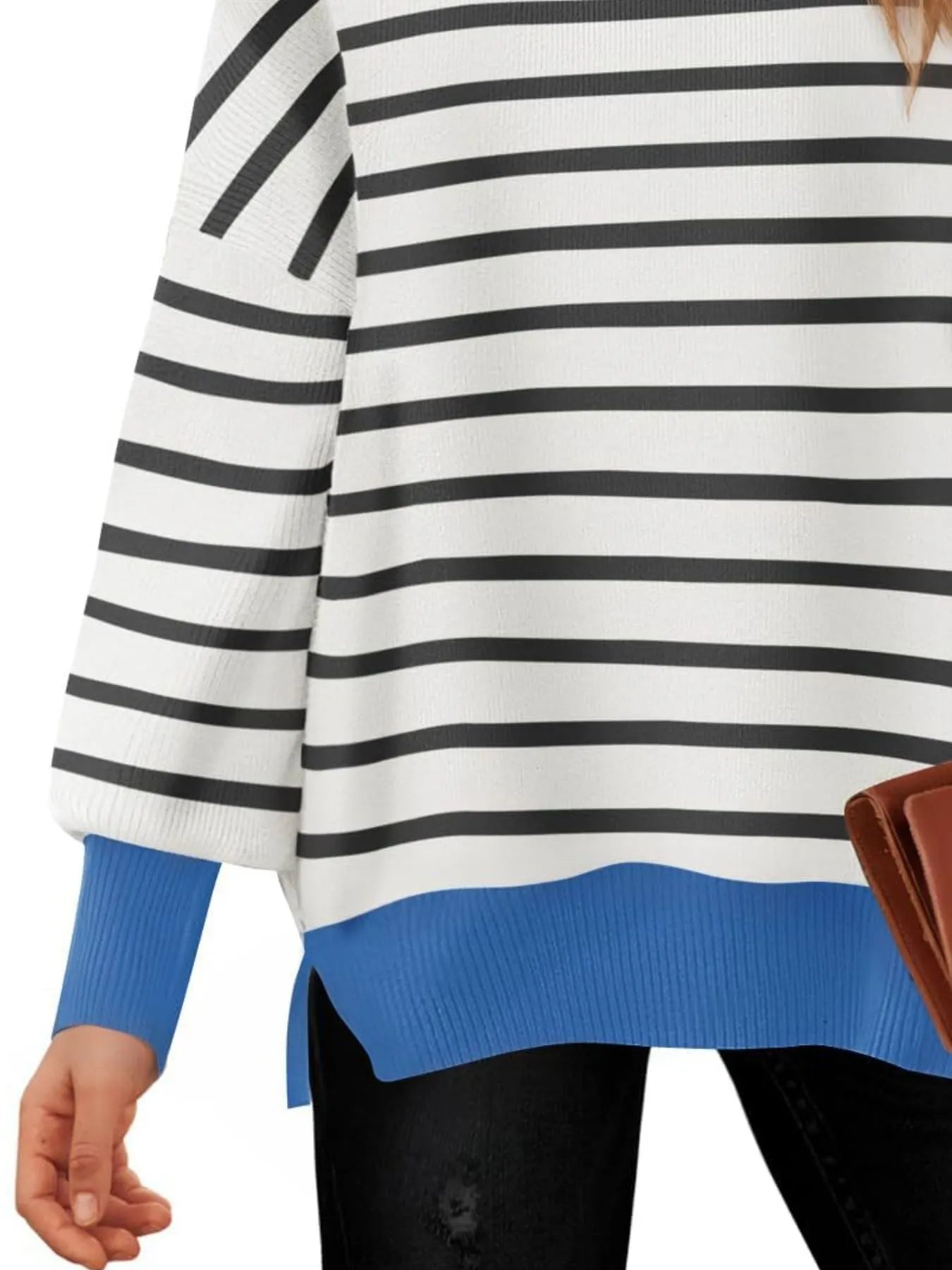 Striped Round Neck Long Sleeve Sweater featuring oversized fit and blue accents for casual style.