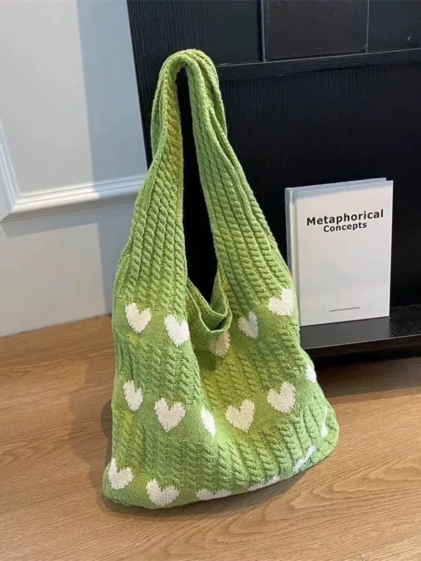 Heart Pattern Knitted Handbag in green with white hearts, perfect for everyday casual style.