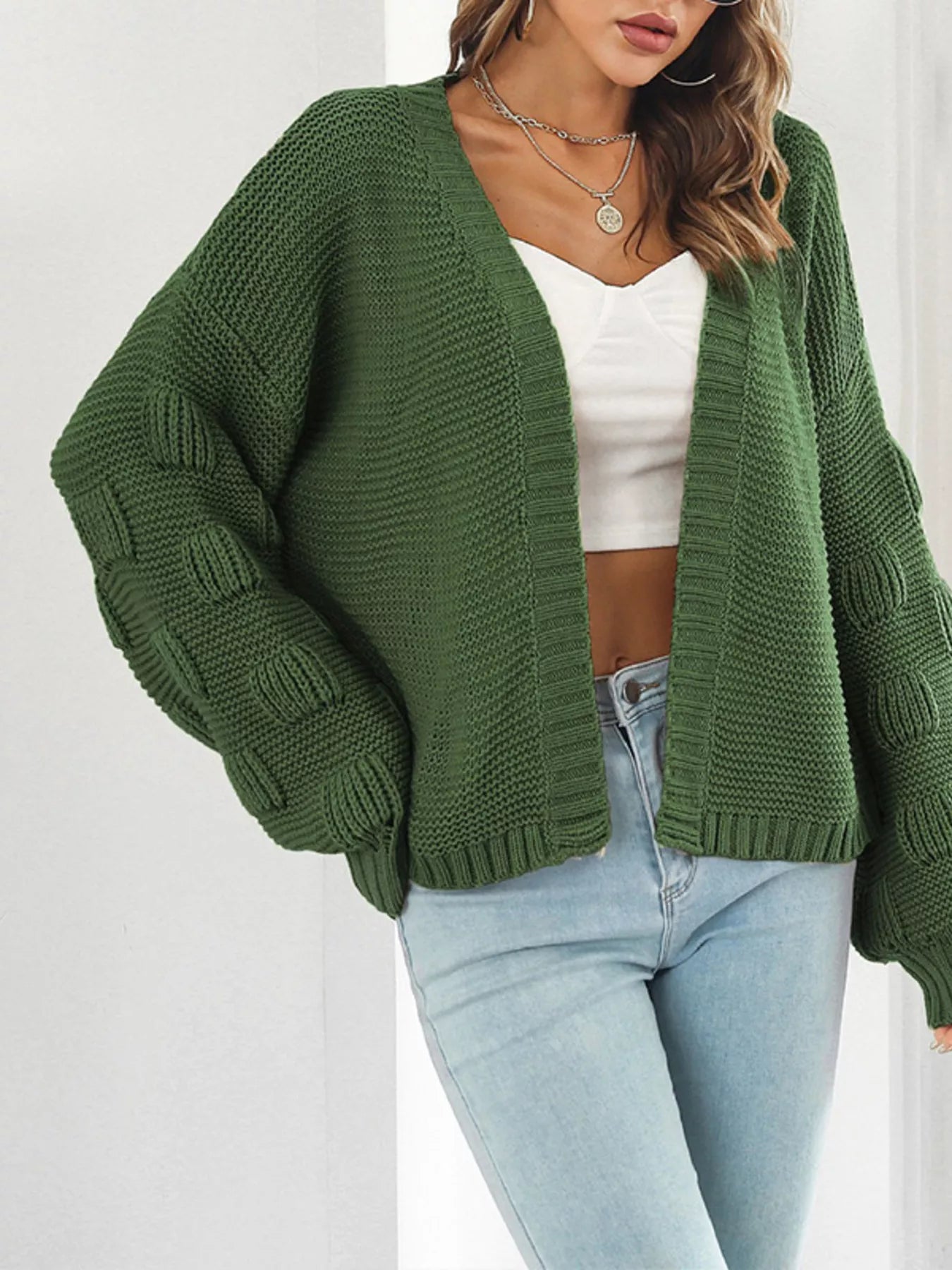 Chunky Knit Open Front Cardigan in green, featuring ribbed design and slightly stretchy material for cozy style.