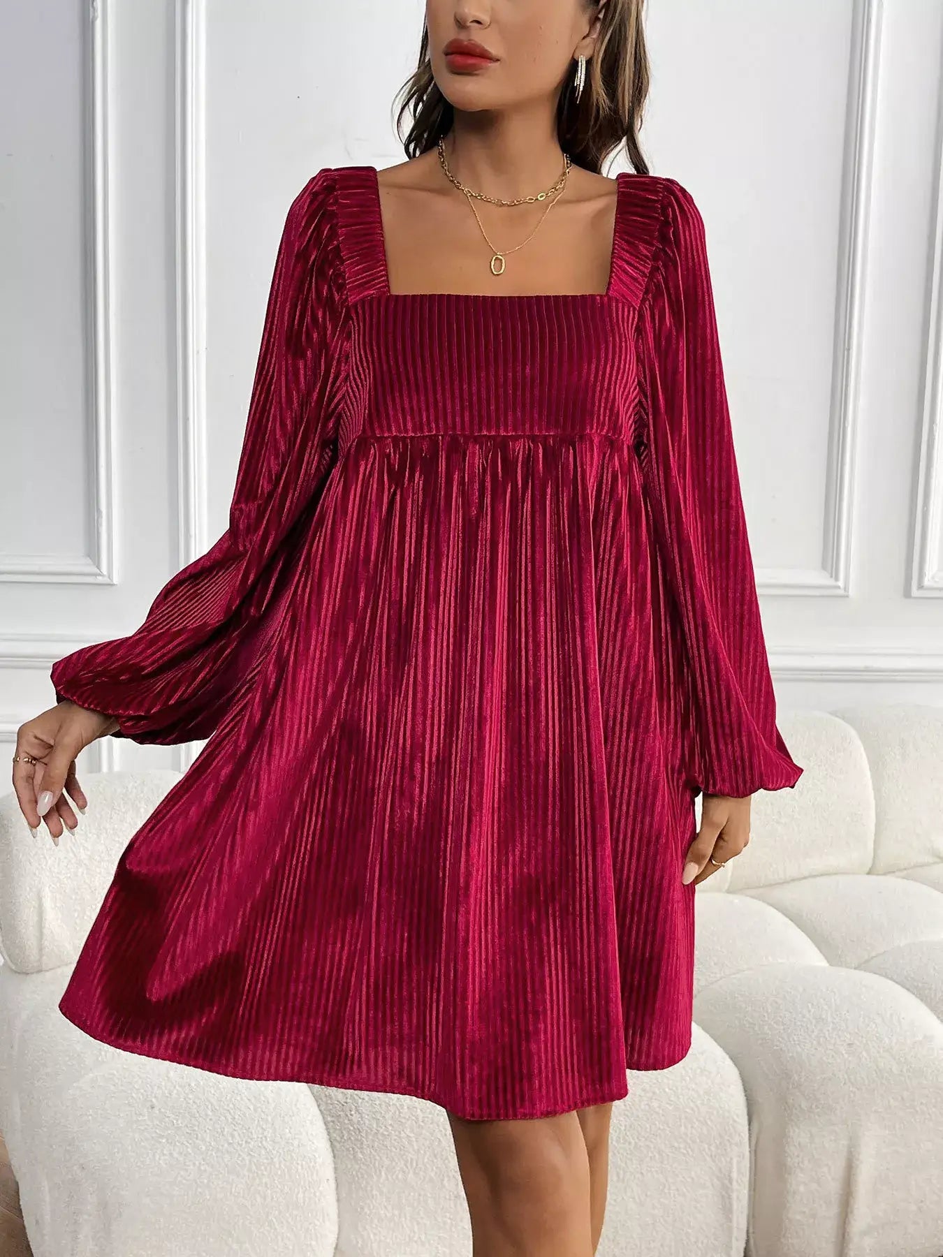 Velvet Square Neck Long Sleeve Dress in rich burgundy, featuring a square neckline and long sleeves, perfect for elegant evening style.