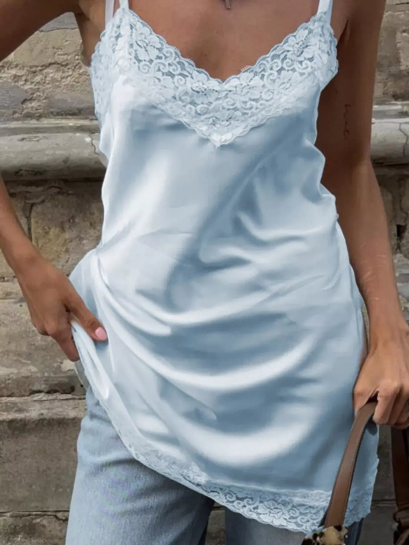 Lace Detail V-Neck Cami in soft blue, featuring delicate lace trim, perfect for layering or wearing solo.