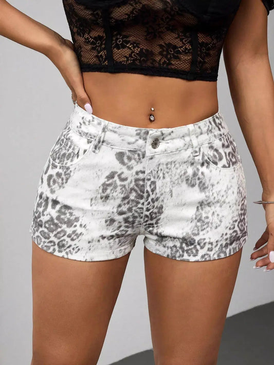 Leopard print denim shorts for women, featuring a flattering cut and perfect for summer outfits.