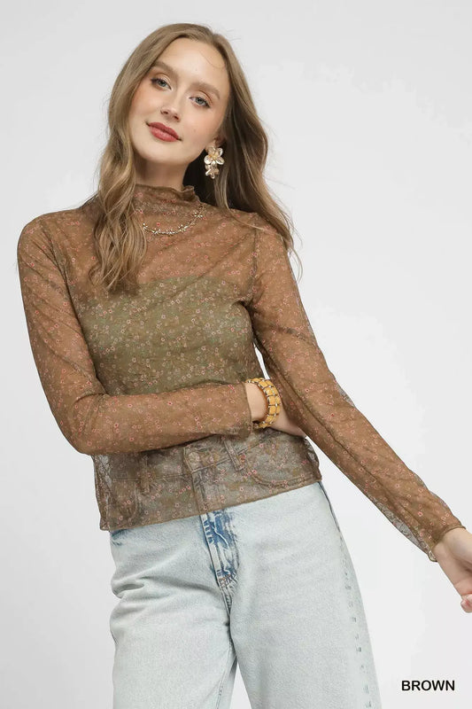 Umgee nylon lace mesh long sleeve top in brown, featuring sheer lace details and a chic design for elegant layering.