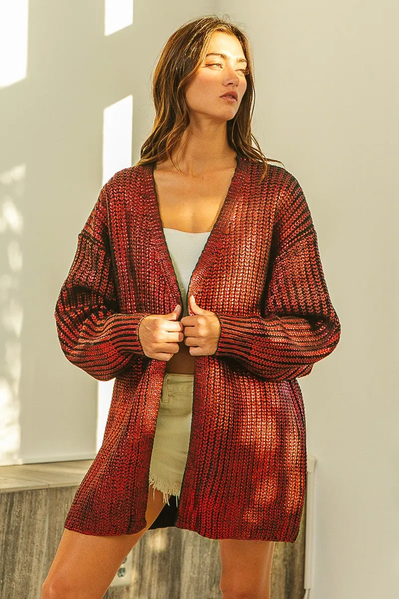 Model wearing BiBi Metallic Knit V-neck Open Sweater Cardigan in vibrant colors, showcasing a stylish layered look.