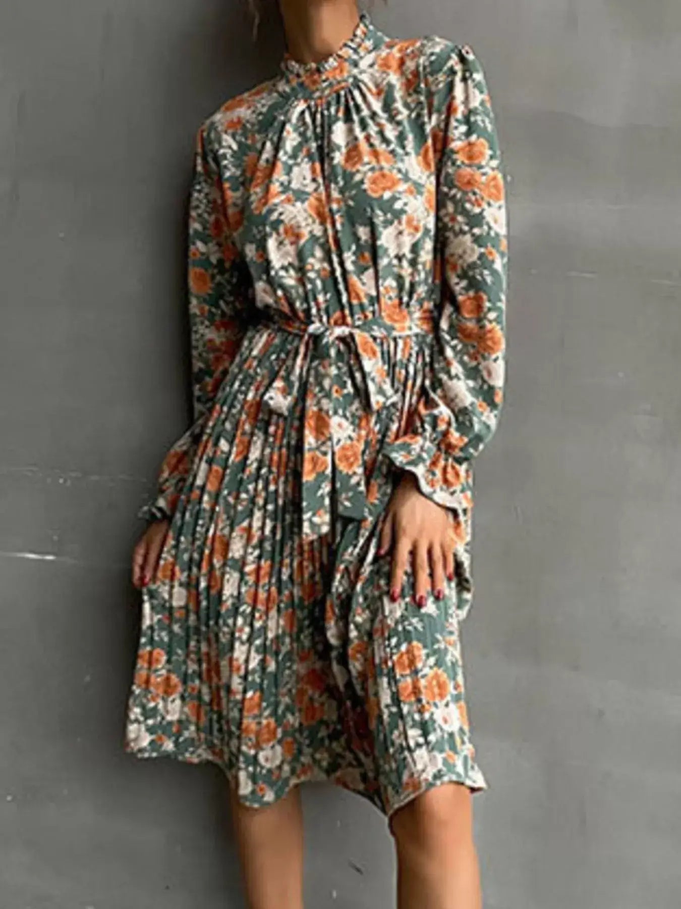 Floral Print Long Sleeve Pleated Midi Dress for Elegant Women, featuring a pleated skirt and floral design.