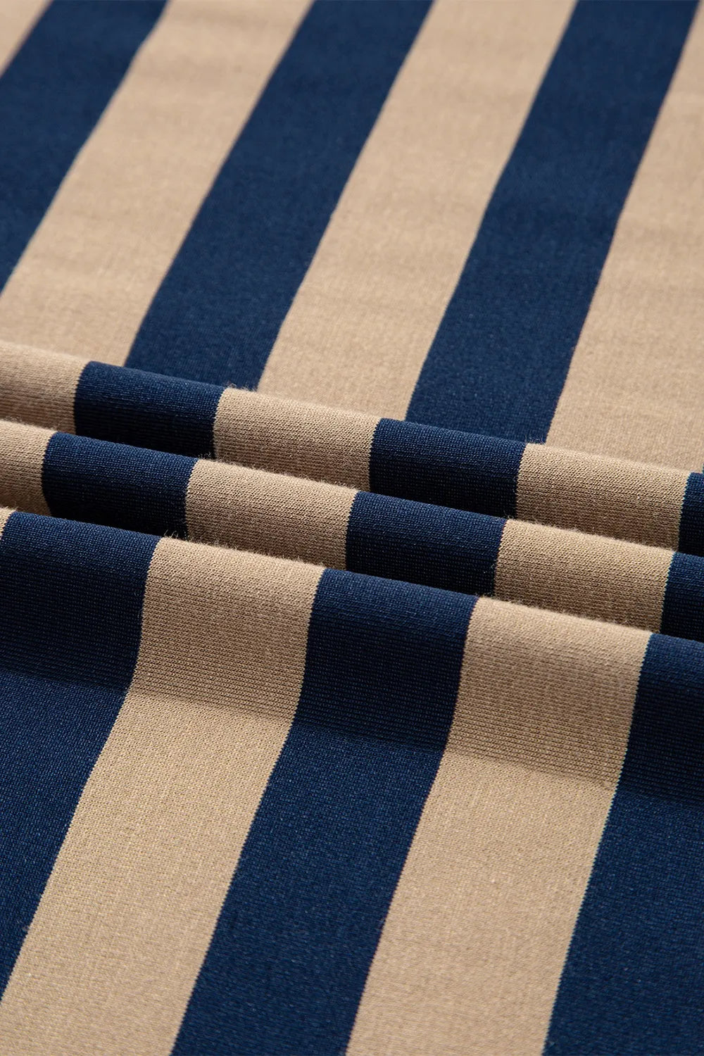 Casual Striped V-Neck Midi T-Shirt Dress fabric close-up showing navy blue and beige stripes.