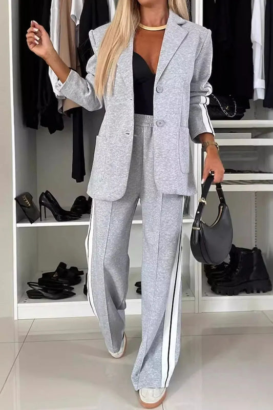 Full Size Contrast Lapel Collar Top and Pants Set for Everyday Style, featuring a grey two-piece outfit with stripes.