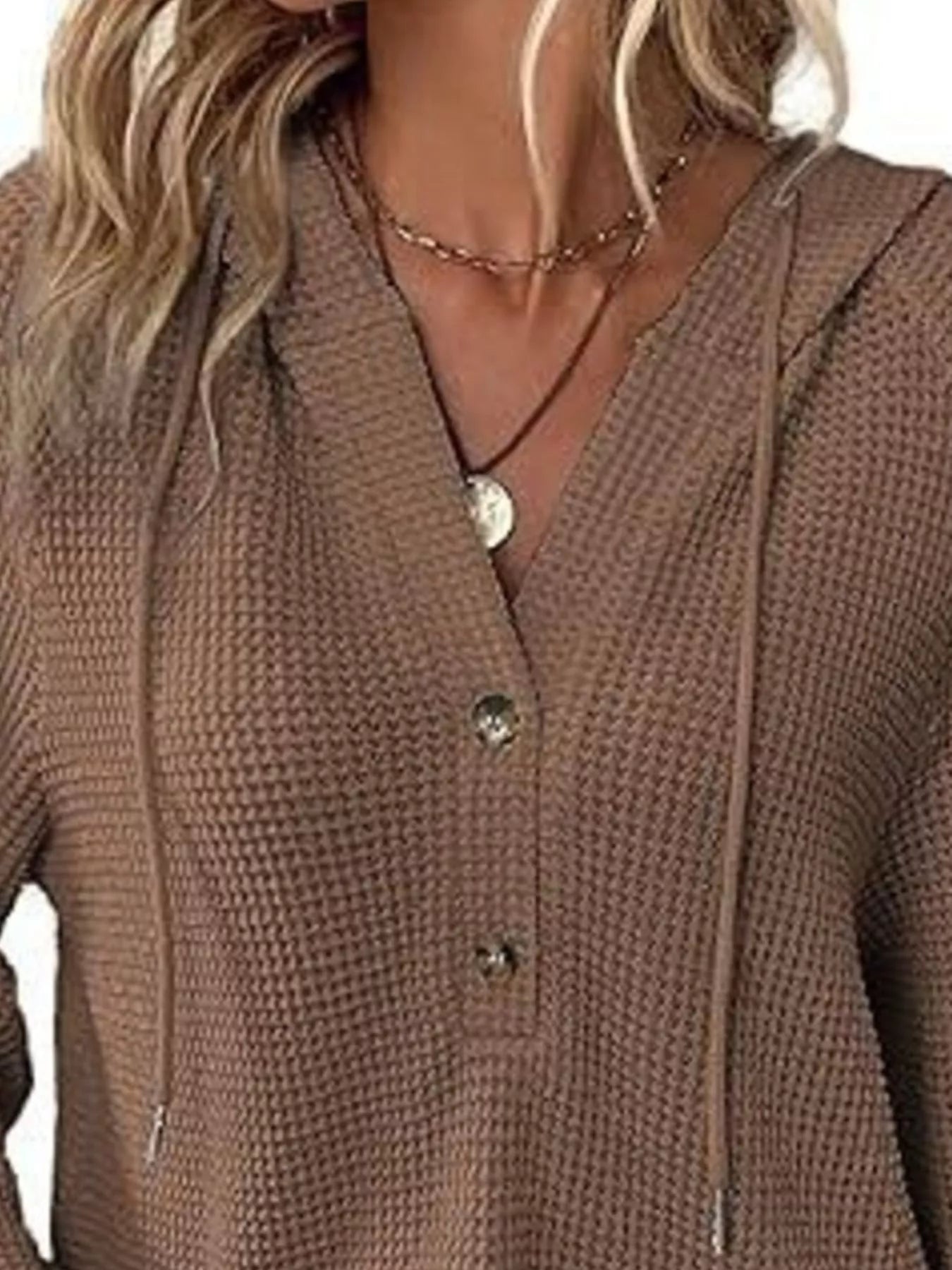Full Size Button Detail Waffle Knit Hoodie Plus Size in brown, featuring a hood and button details for added style.