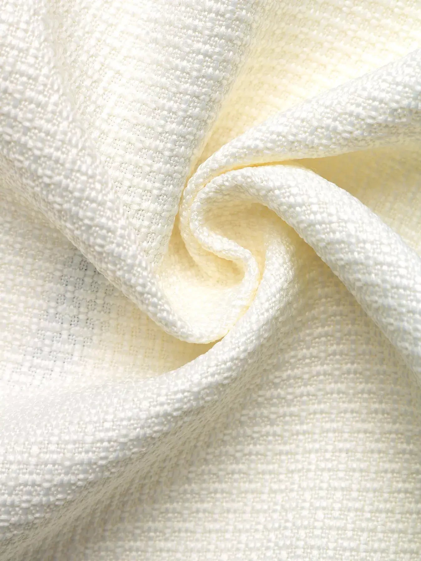 Close-up of fabric texture for Contrast Trim Button-Up Blazer, showcasing a soft white weave pattern.