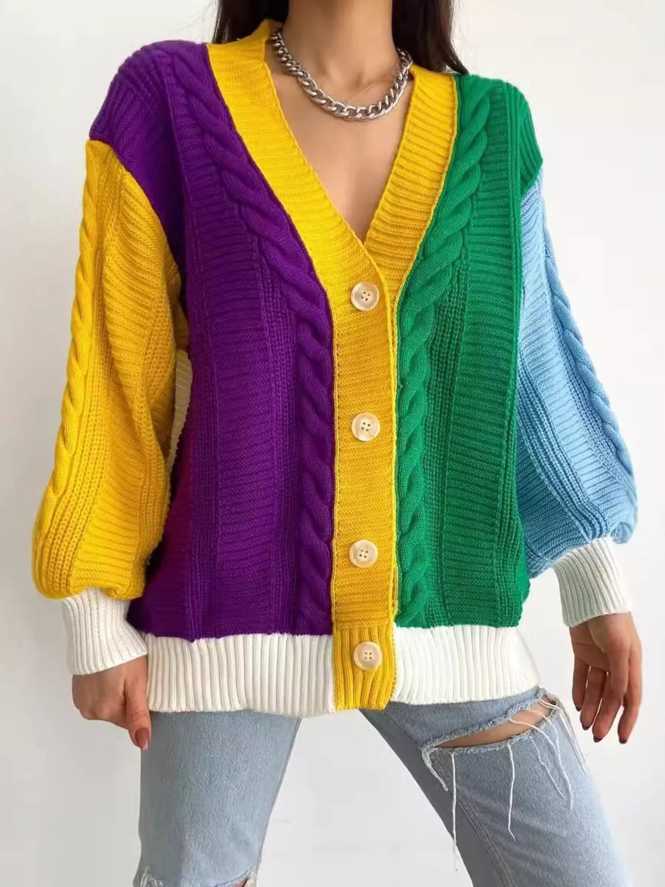 Color Block Button Down Cable-Knit Cardigan – Cozy Knit Layer in vibrant purple, yellow, green, and blue colors.