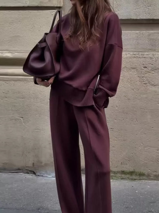 Turtleneck Side Zipper Sweatshirt Pants Set Casual Outfit in burgundy, featuring a relaxed fit and stylish design.