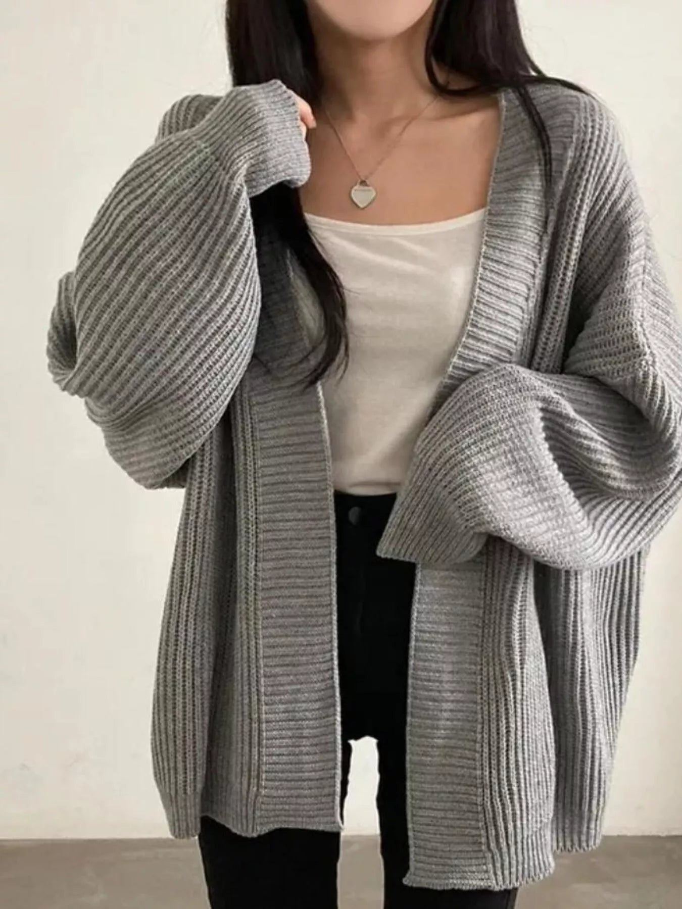 Open Front Oversized Knit Cardigan for Women in gray, featuring oversized sleeves and a relaxed fit.