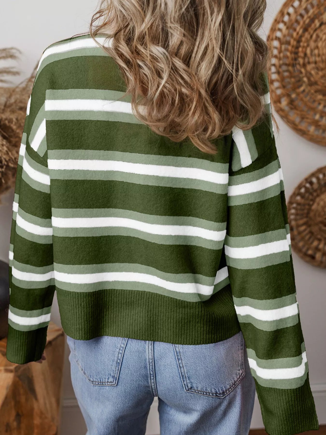 Striped Button-Down Knit Cardigan showing stylish green and white stripes, perfect for cozy layering in everyday outfits.