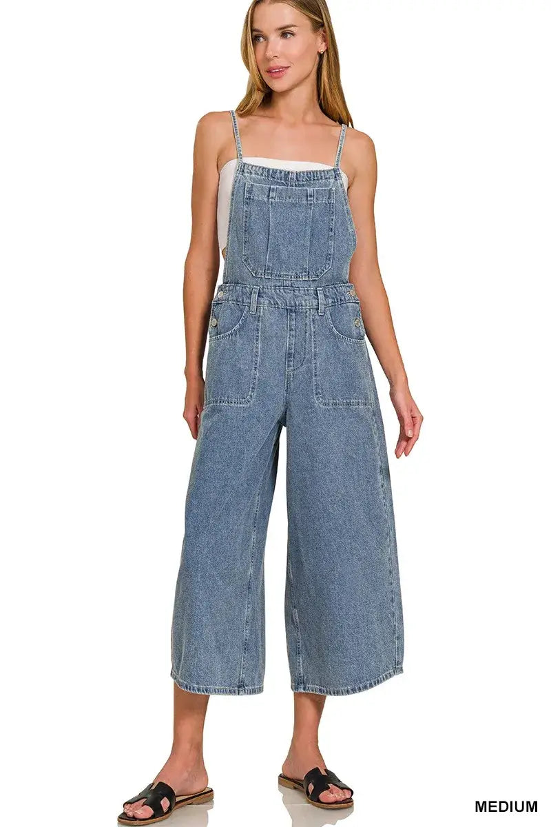 Zenana Denim Wide Leg Overalls in medium wash, featuring a relaxed fit and functional pockets.