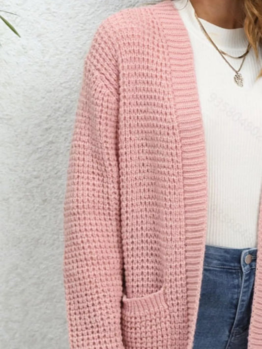 Chunky Knit Open Front Cardigan in soft pink, perfect for cozy layered style with a relaxed fit and open design.