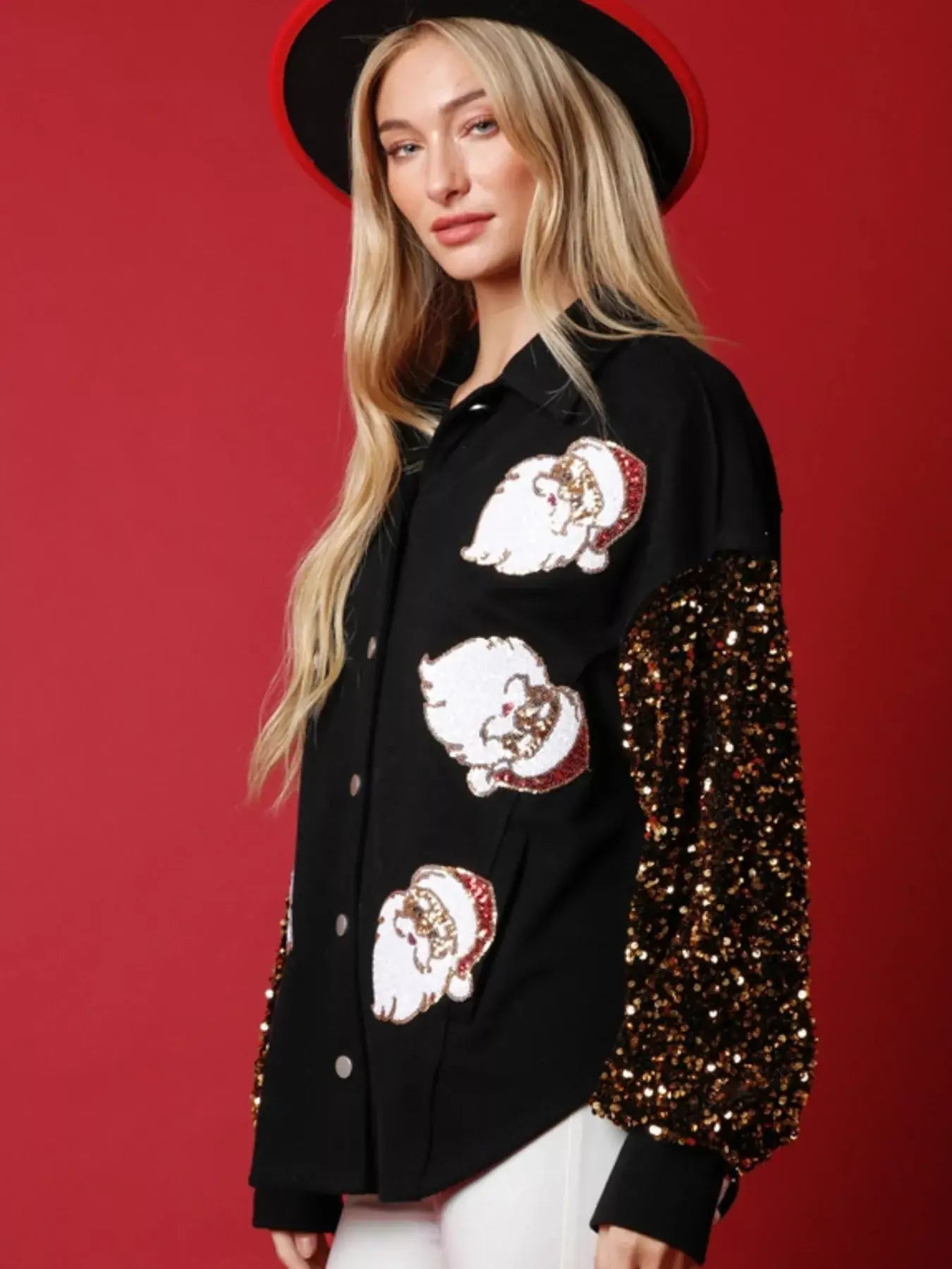 Christmas Santa Sequin Long Sleeve Shirt worn by a model against a festive red backdrop, showcasing vibrant sequins and playful design.