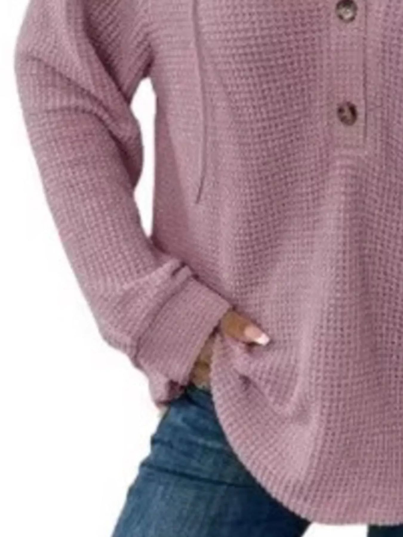 Full Size Button Detail Waffle Knit Hoodie Plus Size in soft pink fabric with button detail and hood.