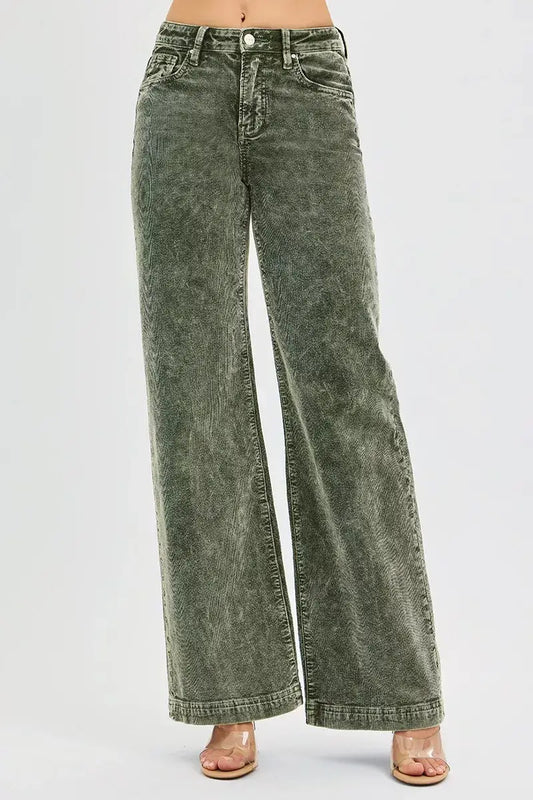 Green high rise wide leg corduroy jeans for plus size women, featuring a retro style and comfortable fit.