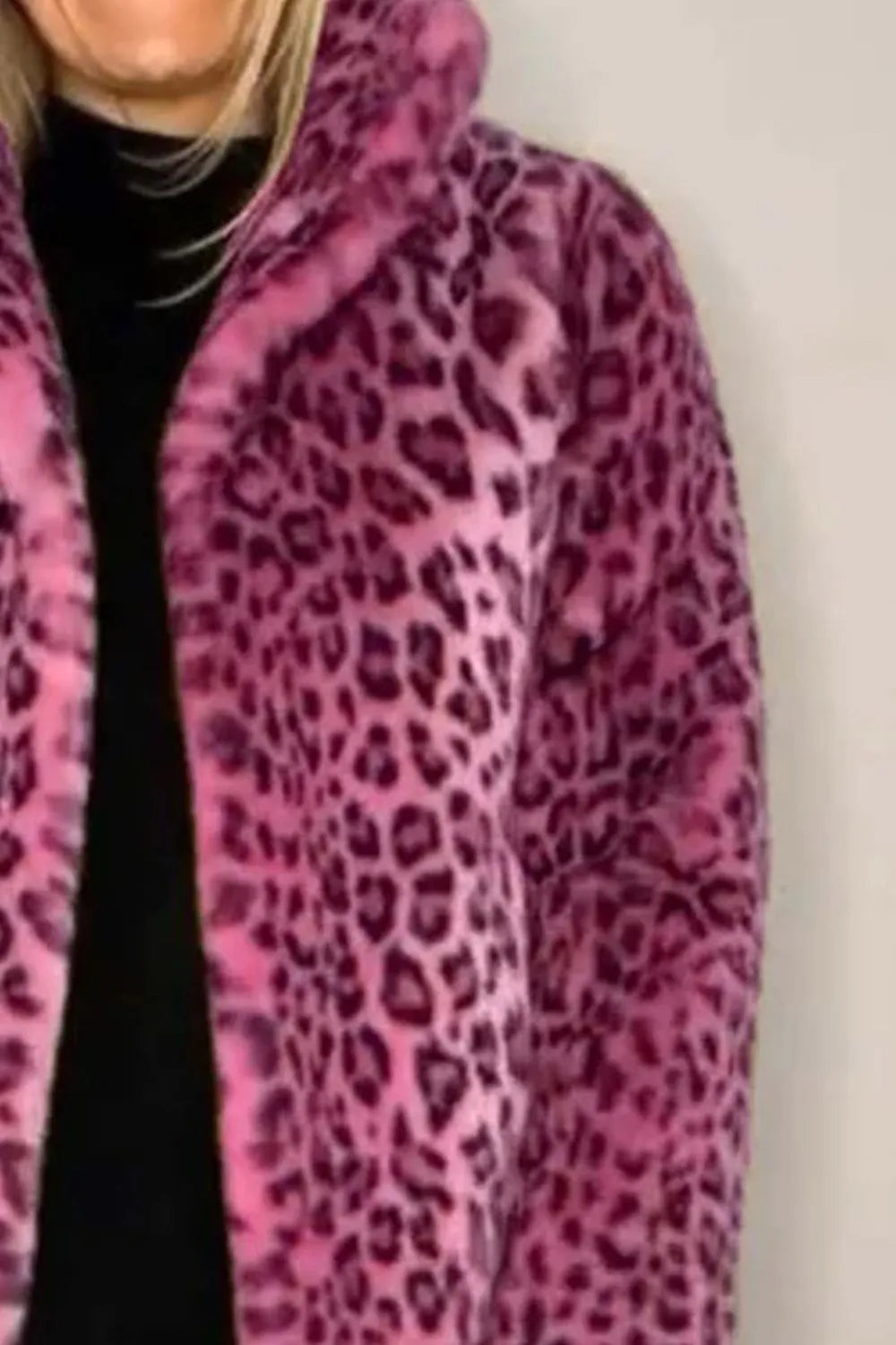 Full Size Leopard Furry Collared Neck Long Sleeve Coat in pink and purple leopard print.