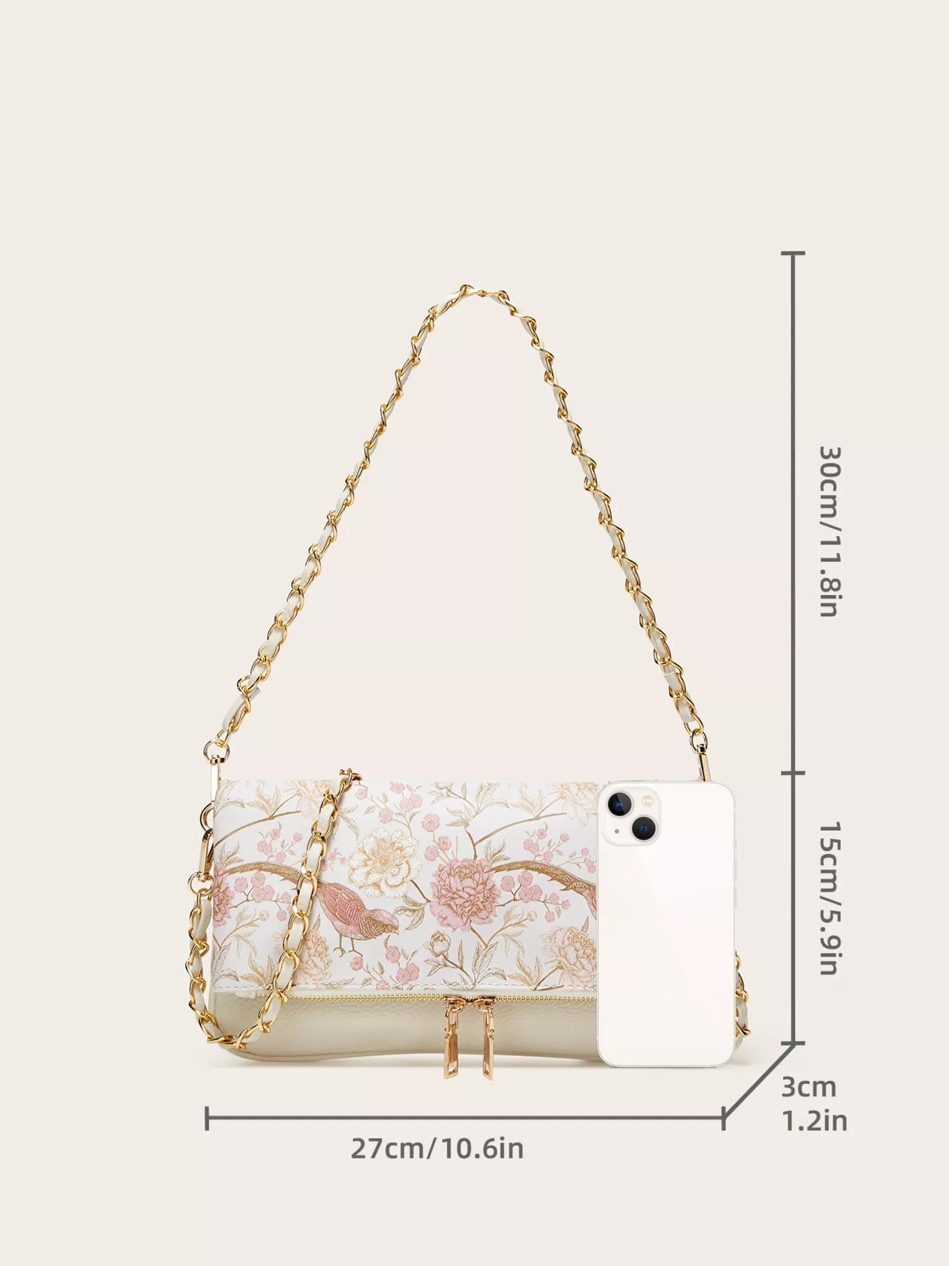 Floral Chain Shoulder Bag with mini size, PU leather design, featuring floral artwork and gold chain strap.