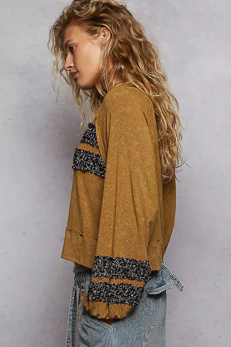 POL print patch round neck balloon sleeve cropped top in mustard with unique patch details and voluminous sleeves.