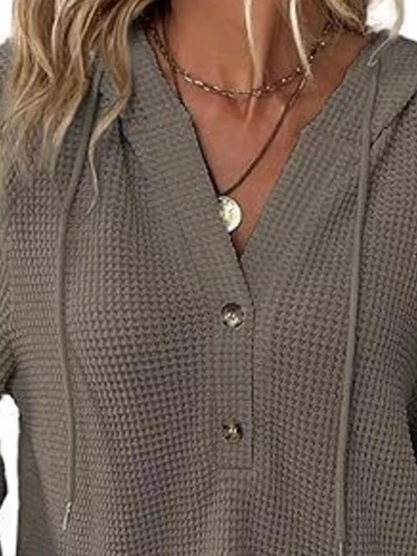 Full Size Button Detail Waffle Knit Hoodie Plus Size in soft waffle knit fabric with button detail and hood.