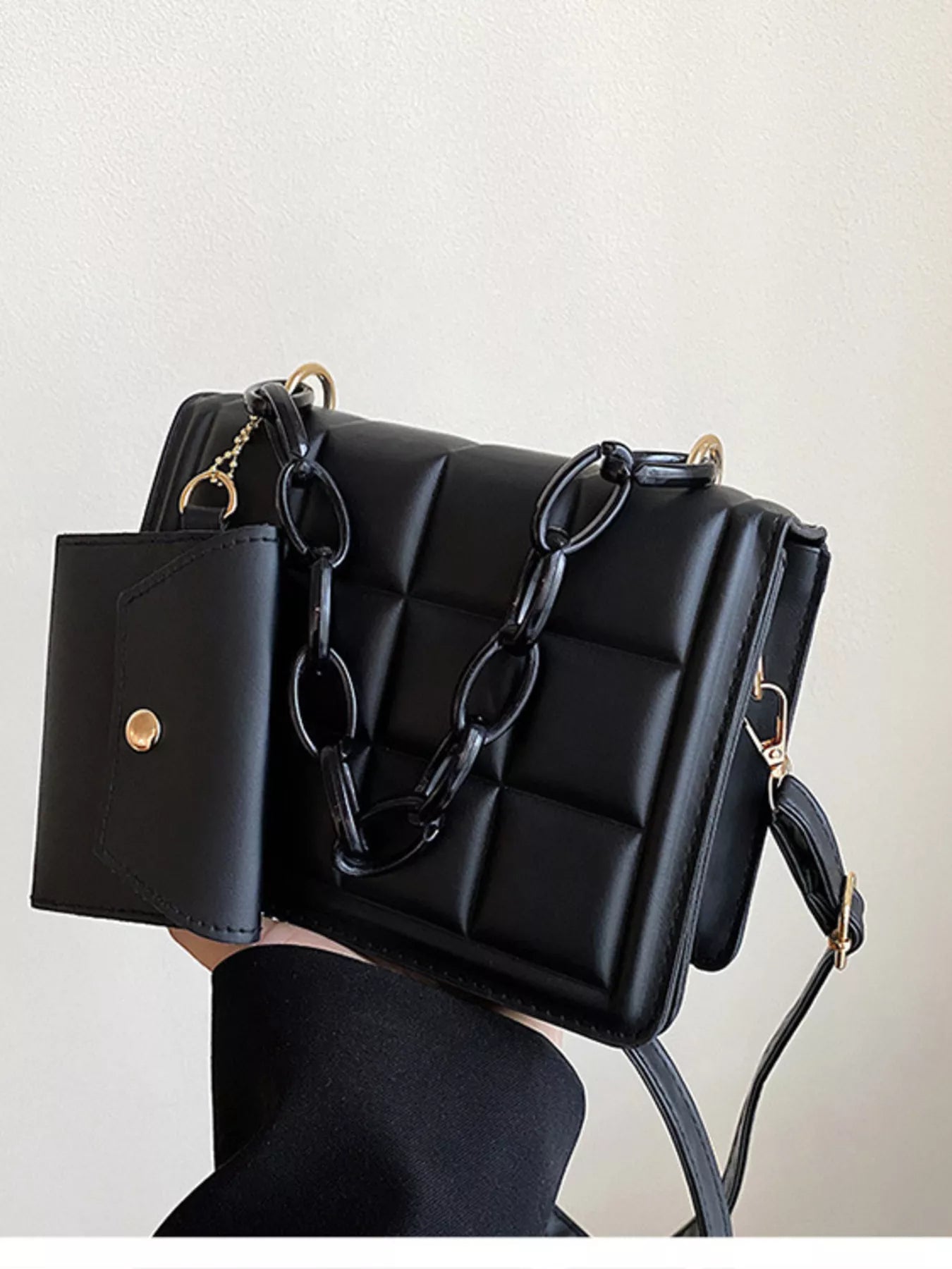 Quilted Chain Strap Crossbody Bag in black PU leather with chain strap and mini size, perfect for stylish outings.