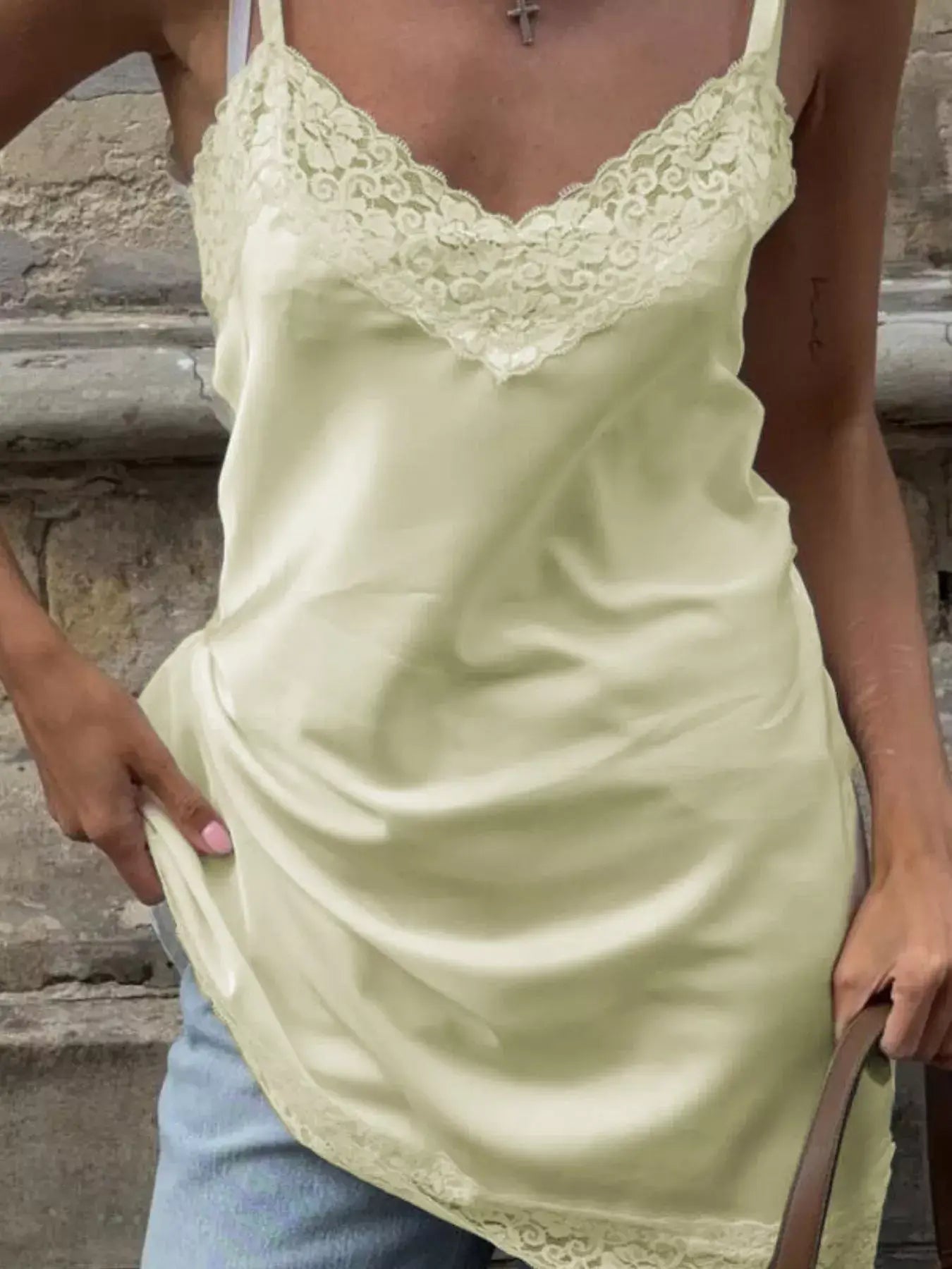 Lace Detail V-Neck Cami in soft yellow with lace trim, perfect for layering or wearing alone on warm days.