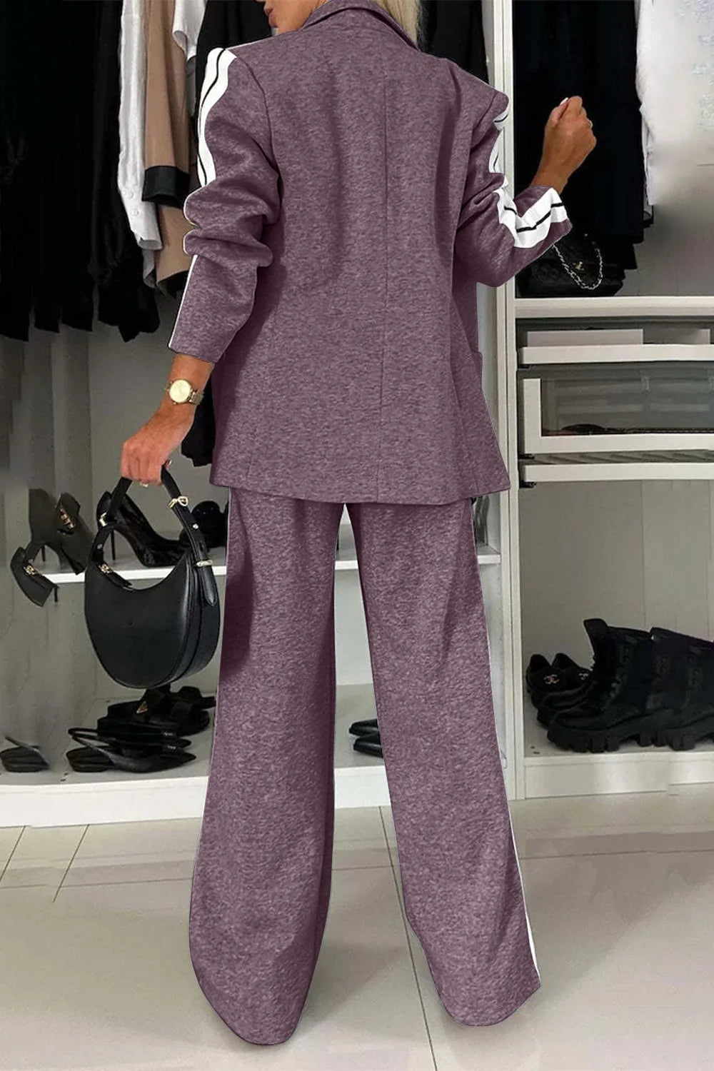 Full Size Contrast Lapel Collar Top and Pants Set styled in purple, featuring a long blazer and wide-leg pants from the back.