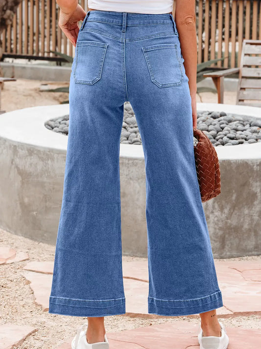 Back view of High-Waisted Wide Leg Flare Jeans showcasing their flattering fit and vintage-inspired style.