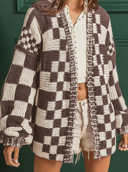 Checkerboard Pattern Sweater Cardigan – Cozy Knit Layer in brown and cream, featuring oversized sleeves and a relaxed fit.