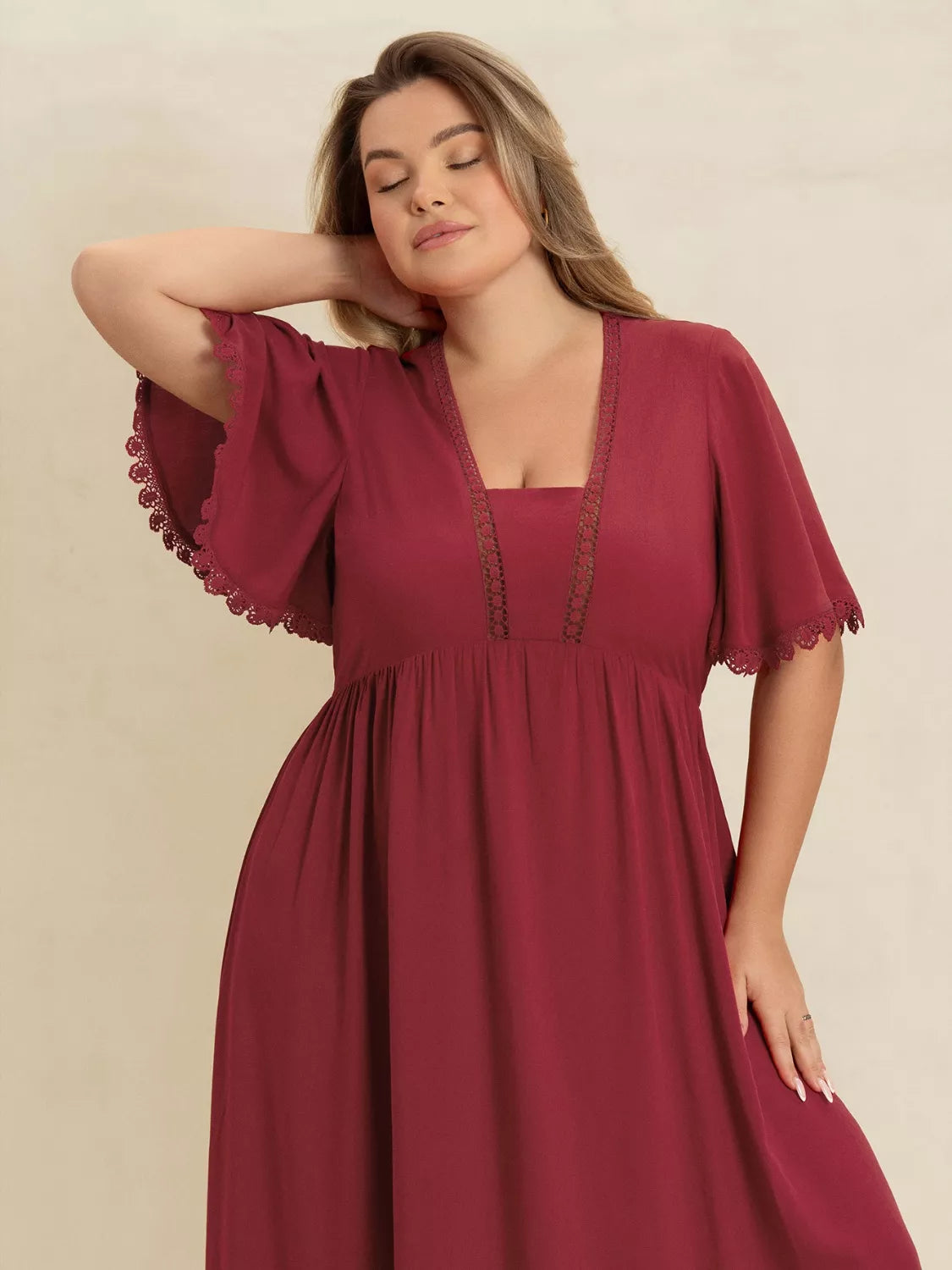 Plus Size Lace Detail Flutter Sleeve Maxi Dress in burgundy featuring elegant lace and flutter sleeves.