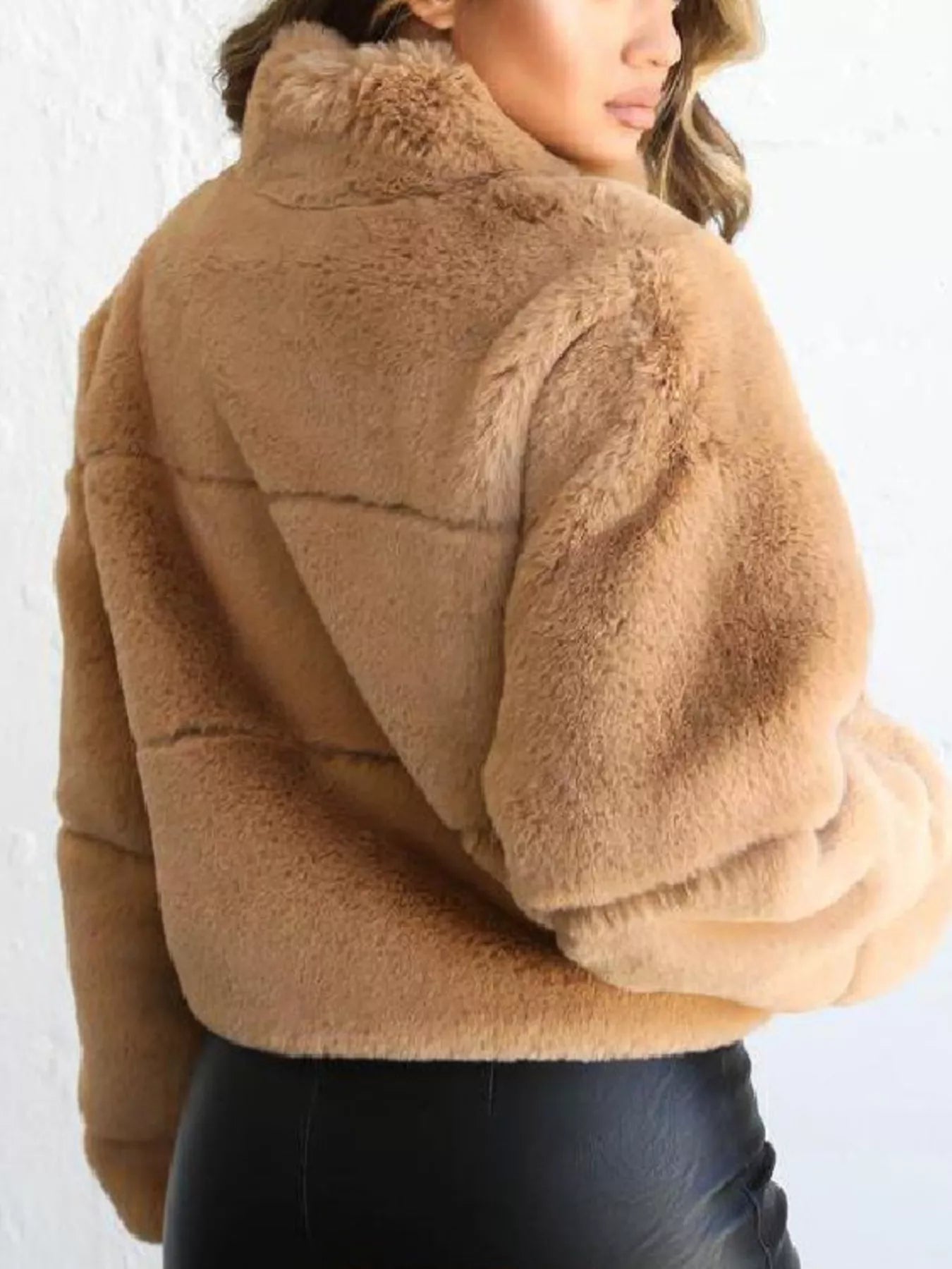 Faux Fur Cropped Zip-Up Jacket showcasing soft plush material and oversized fit, perfect for cozy cold-season style.