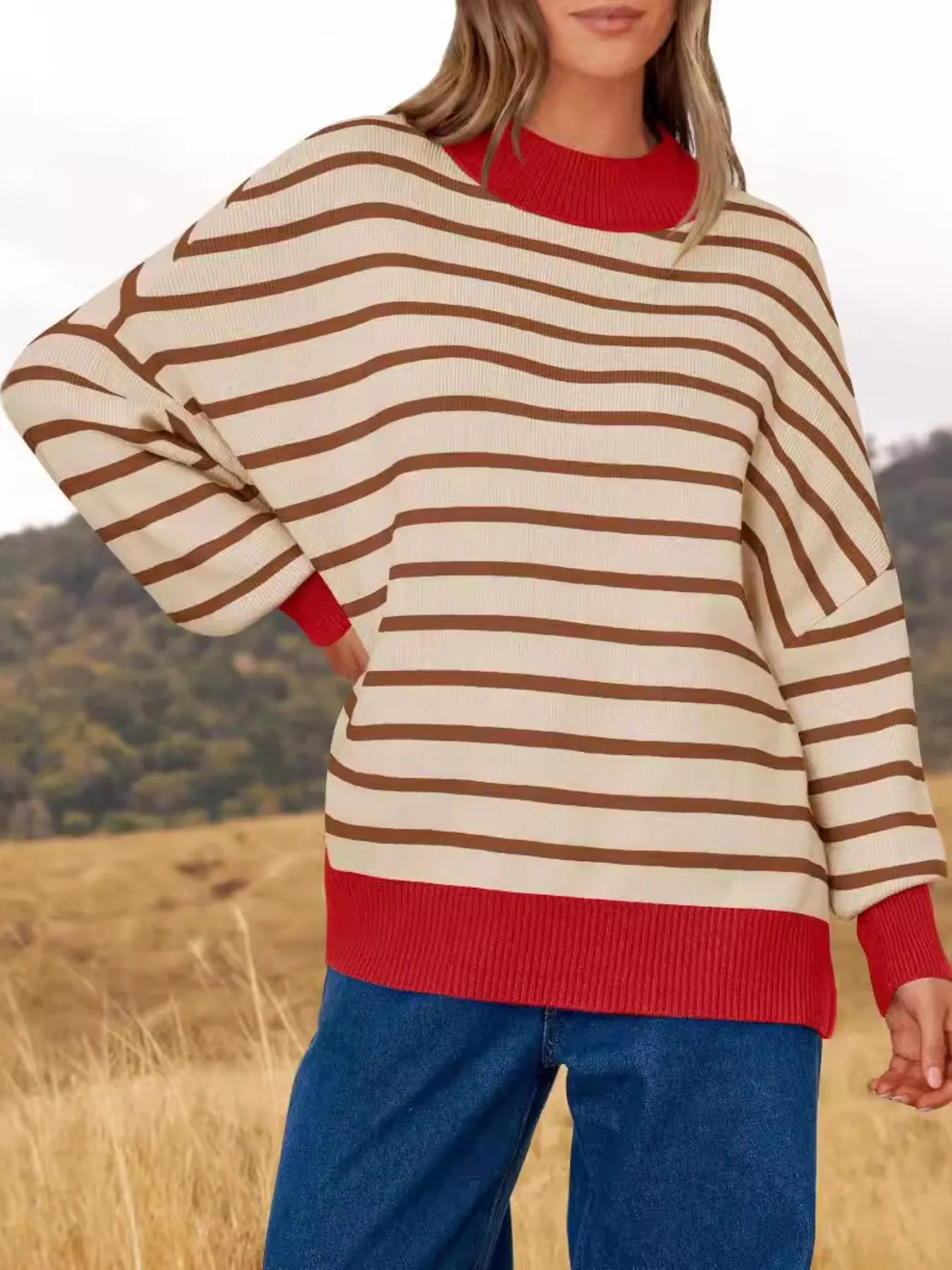 Striped Round Neck Long Sleeve Sweater in oversized fit, featuring red and brown stripes, perfect for everyday style.