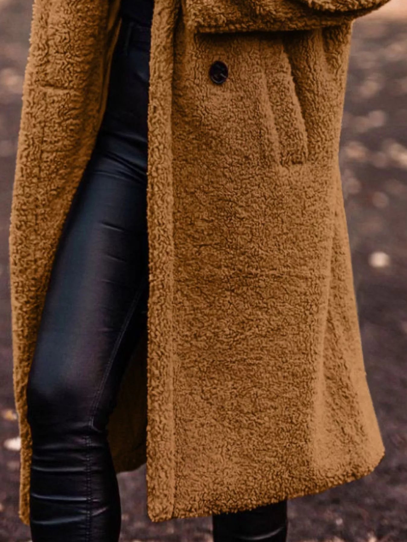 Teddy Bear Hooded Longline Outerwear in brown with pockets and buttoned detail, perfect for cozy everyday style.