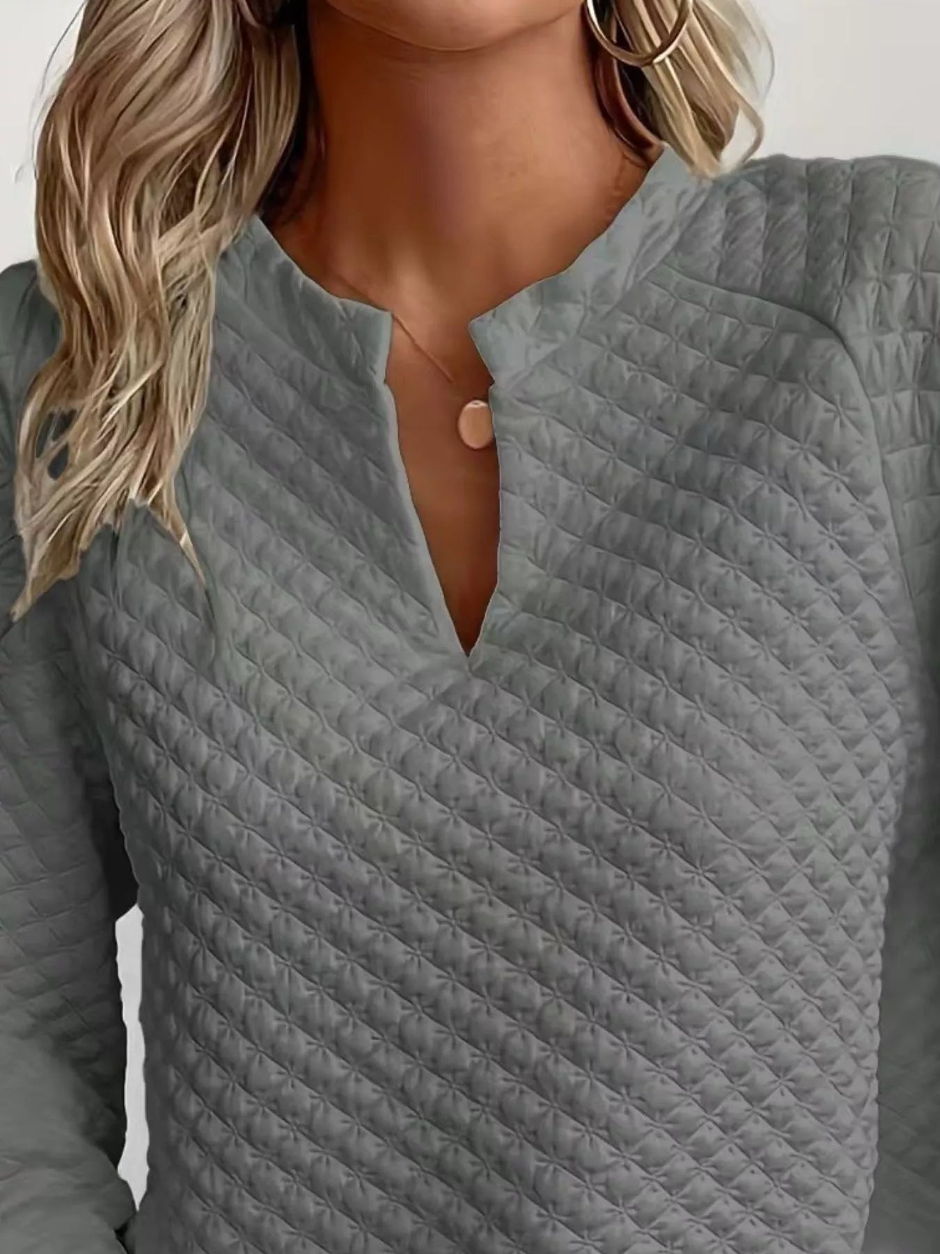 Quilted Texture Long Sleeve Sweatshirt with Notched Neck style in gray, featuring a textured design and slightly stretchy material.