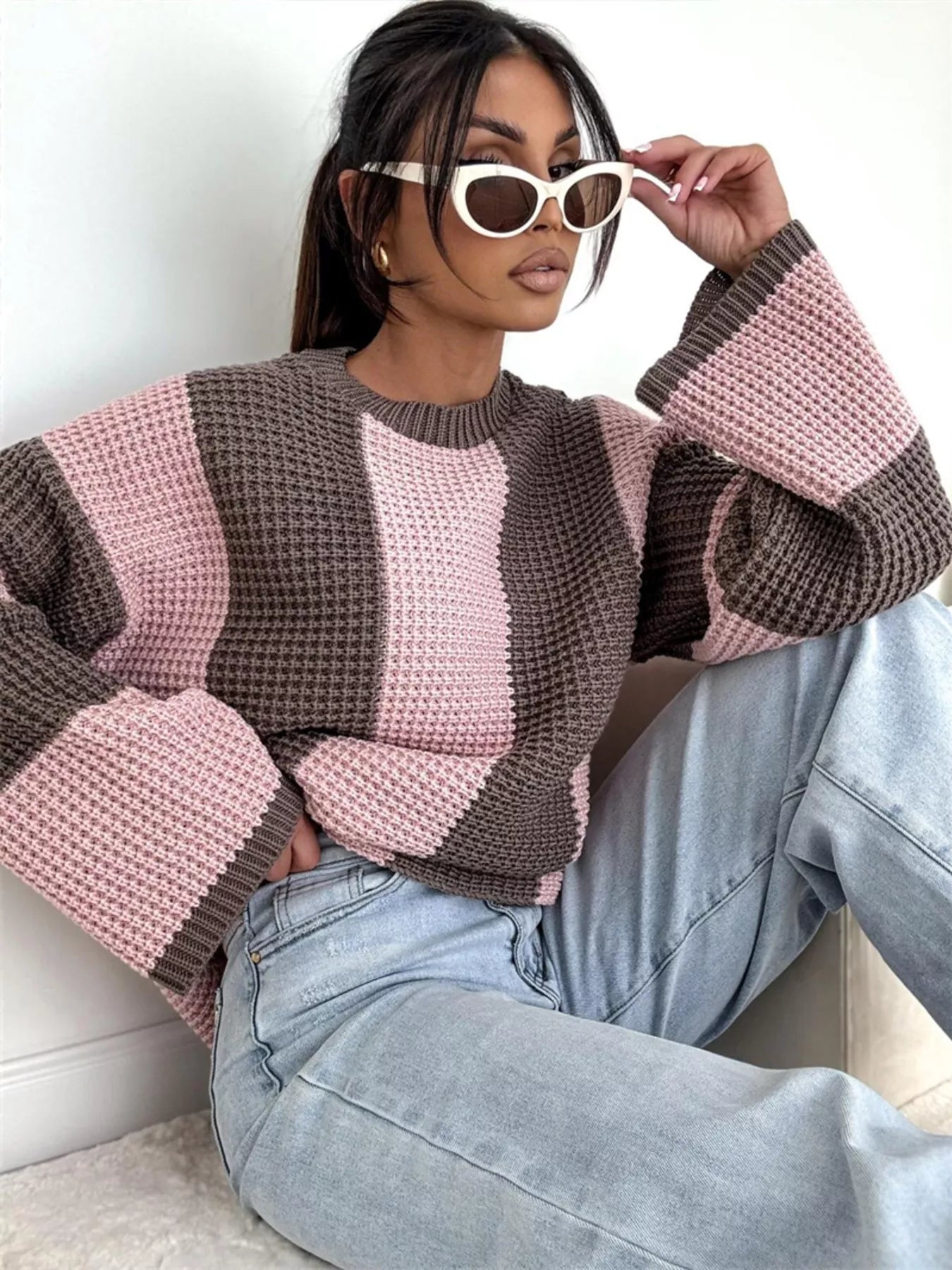 Color Block Long Sleeve Sweater – Oversized Cozy Knit Style in pink and brown, model wearing stylish sunglasses.
