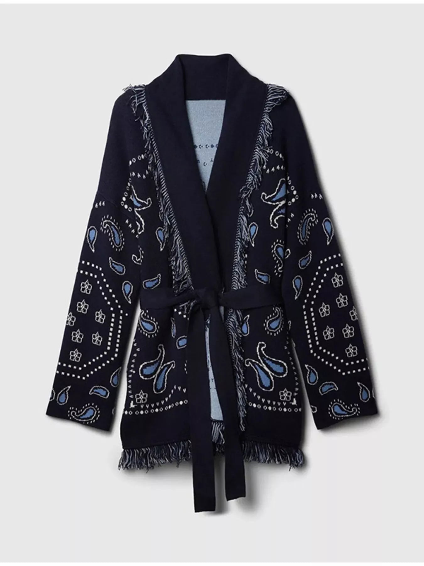 Printed Fringe Long Sleeve Cardigan featuring a dark design with fringe accents for a boho layered style.