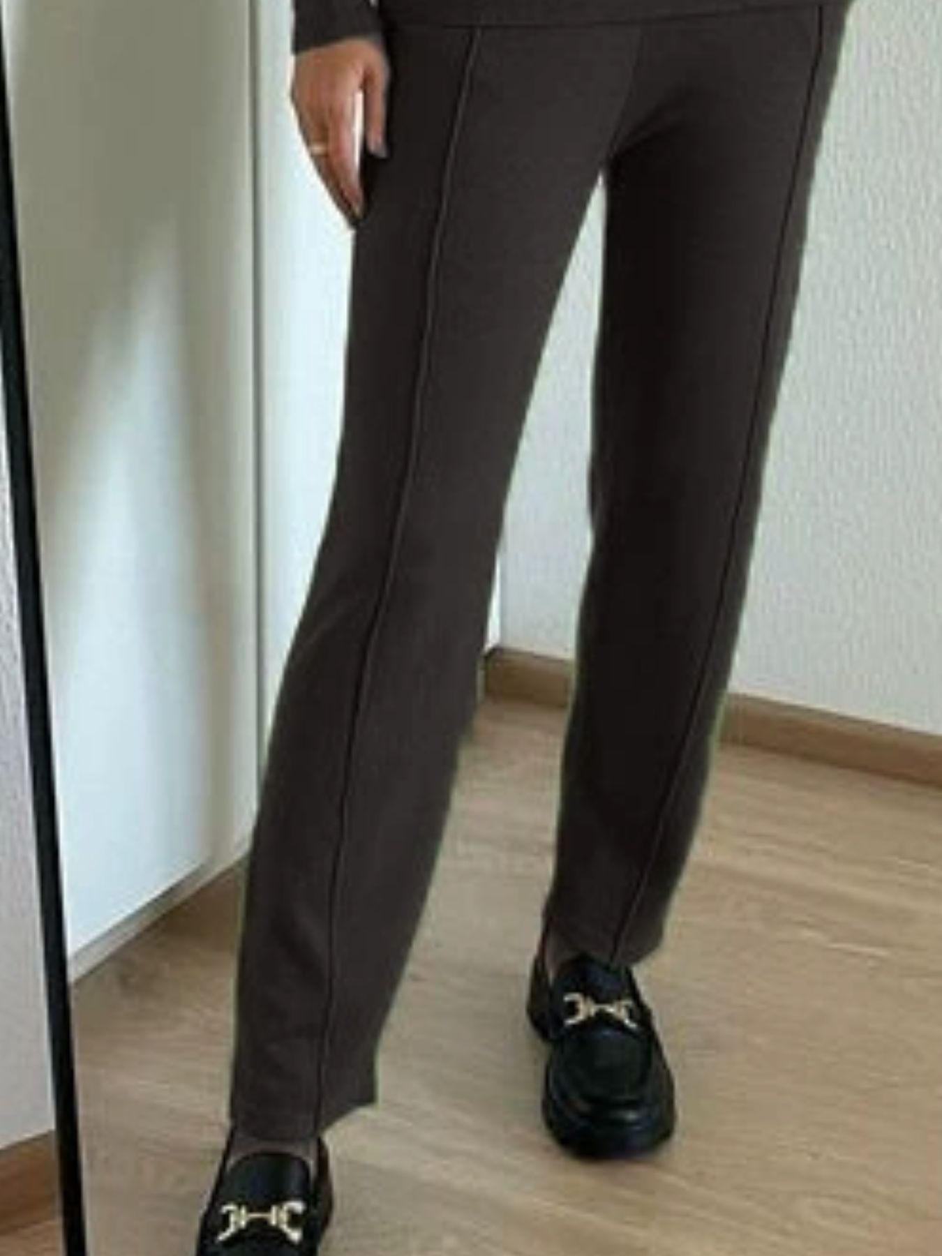 Long Sleeve Top and Pants Sweater Set featuring cozy brown pants and stylish black shoes, perfect for women's lounge outfit.