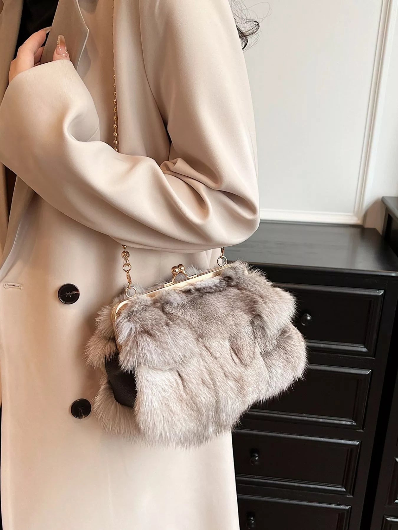 Furry Chain Crossbody Bag in soft fox fur, styled with a trendy outfit, perfect for casual looks.