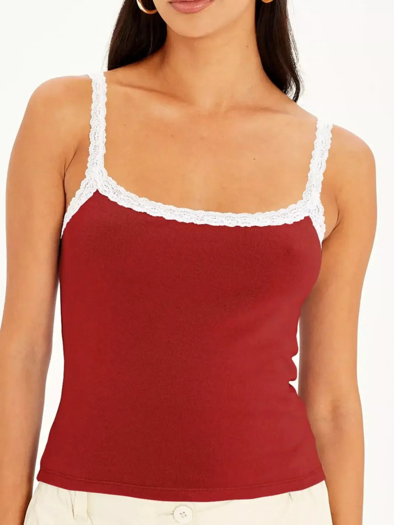 Lace Detail Contrast Trim Cami in red with lace trim straps, perfect for elegant layering or stylish outfits.