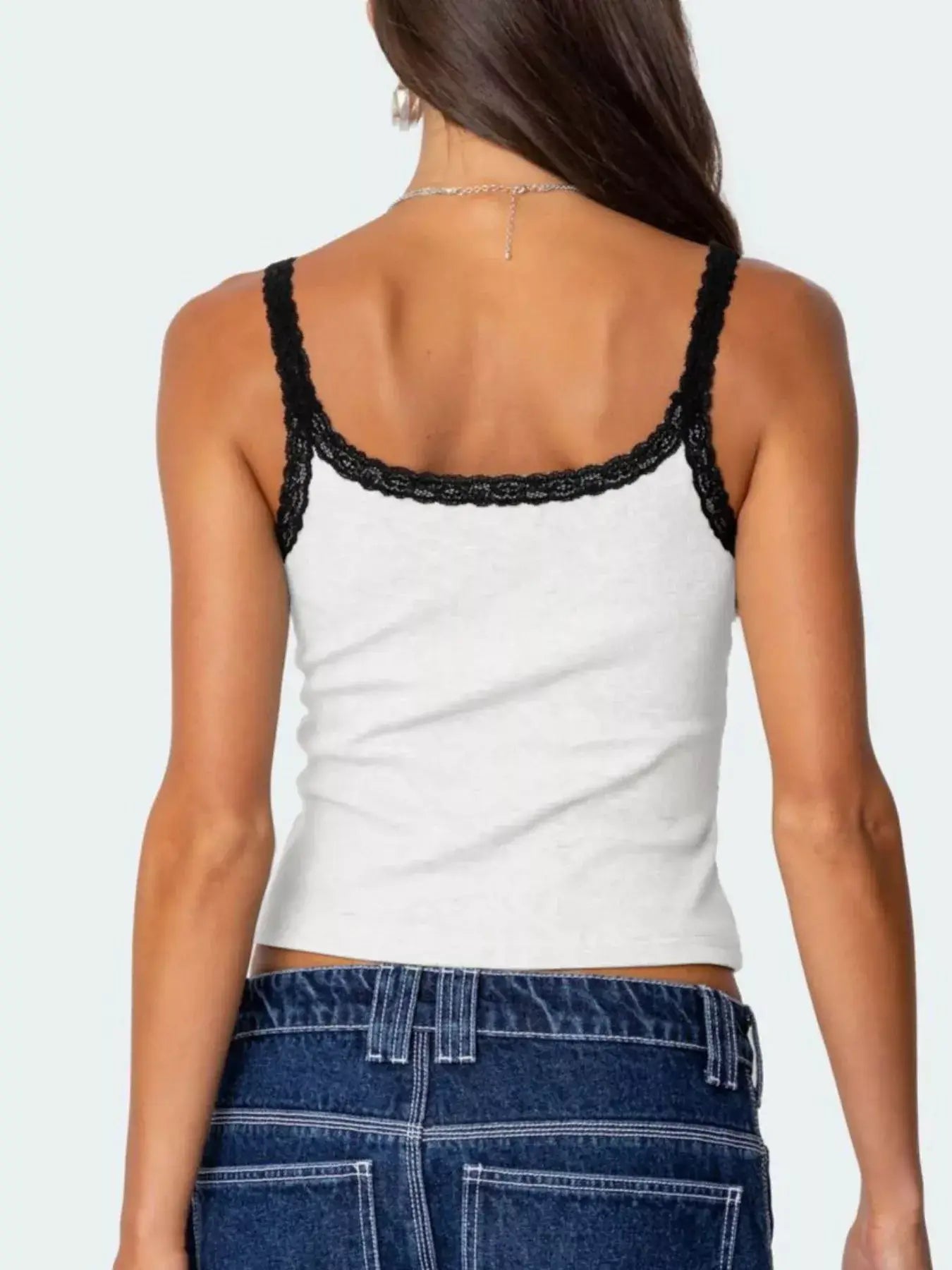 Back view of Lace Detail Contrast Trim Cami showing lace straps and stylish fit.