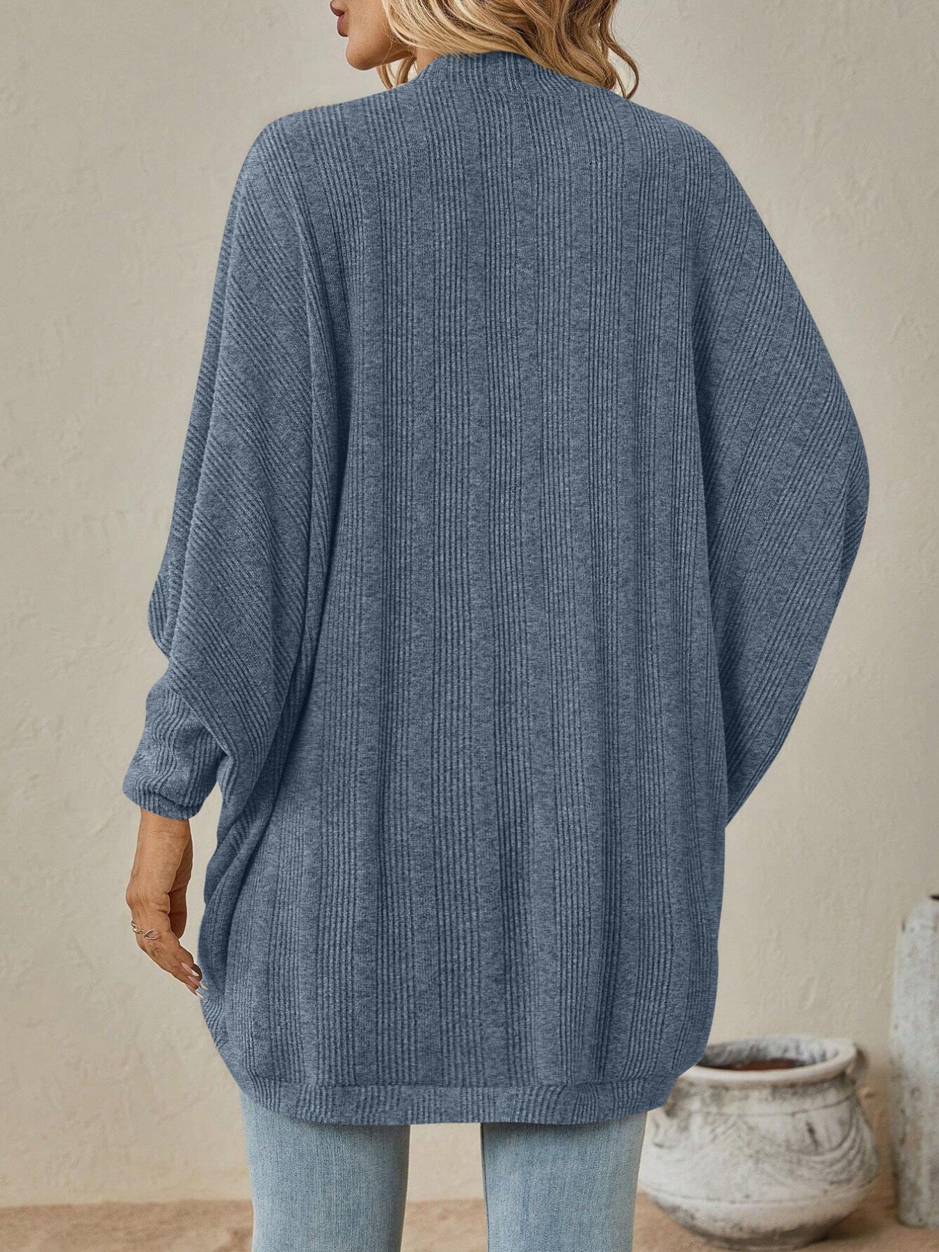 Open Front Batwing Sleeve Cardigan in blue, showcasing a lightweight, slightly stretchy design with batwing sleeves.