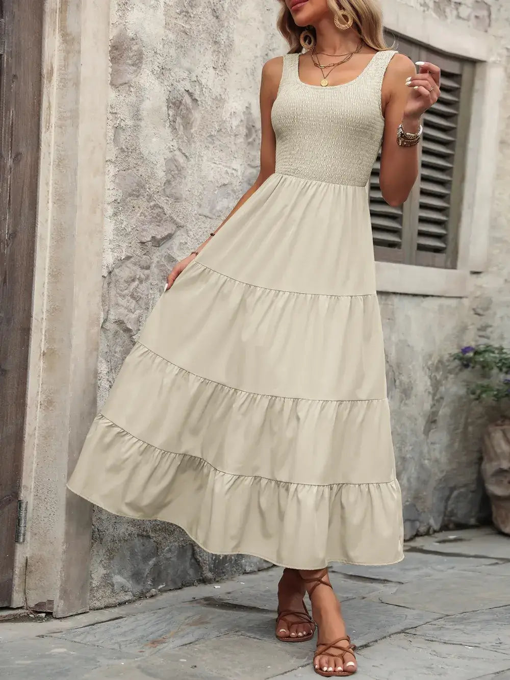 Ivy Lane Smocked Scoop Neck Sleeveless Tank Dress in beige, featuring a tiered hem and elegant design for versatile summer wear.
