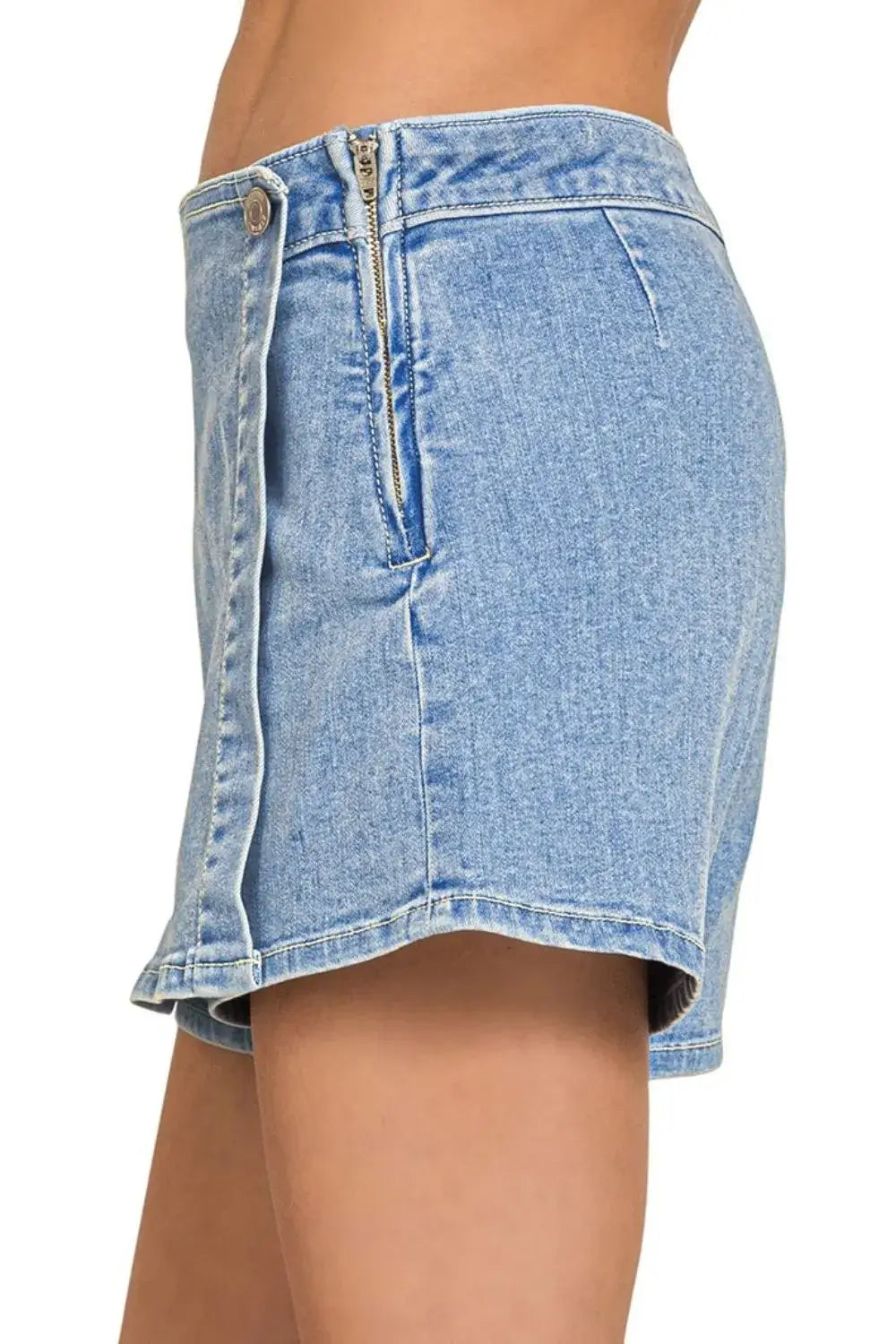 Side view of Zenana wrap front skort denim shorts showcasing the stylish design and slight stretch.