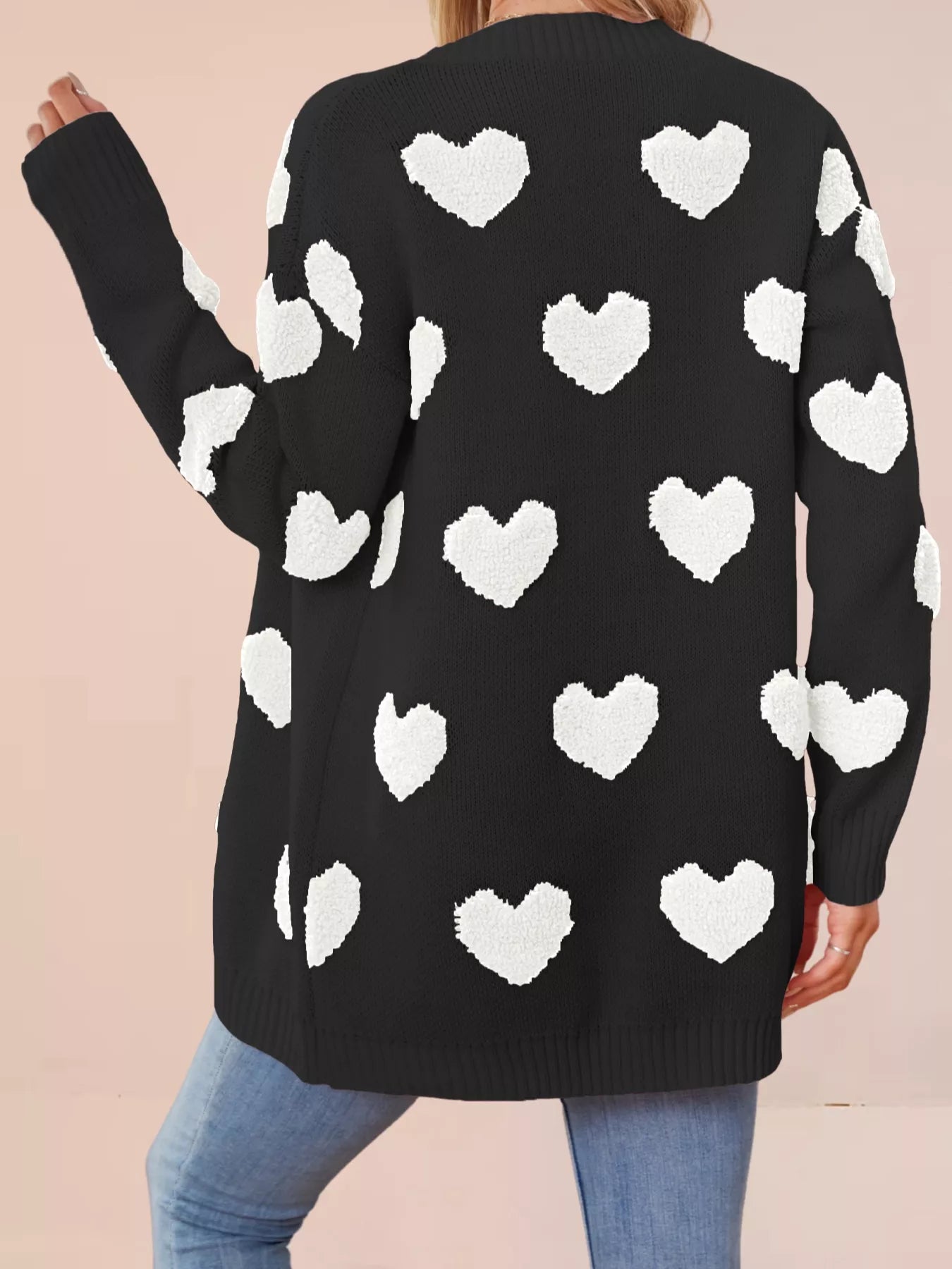 Heart Pattern Knit Button Up Cardigan for Women in black with white heart designs, perfect for stylish layering.