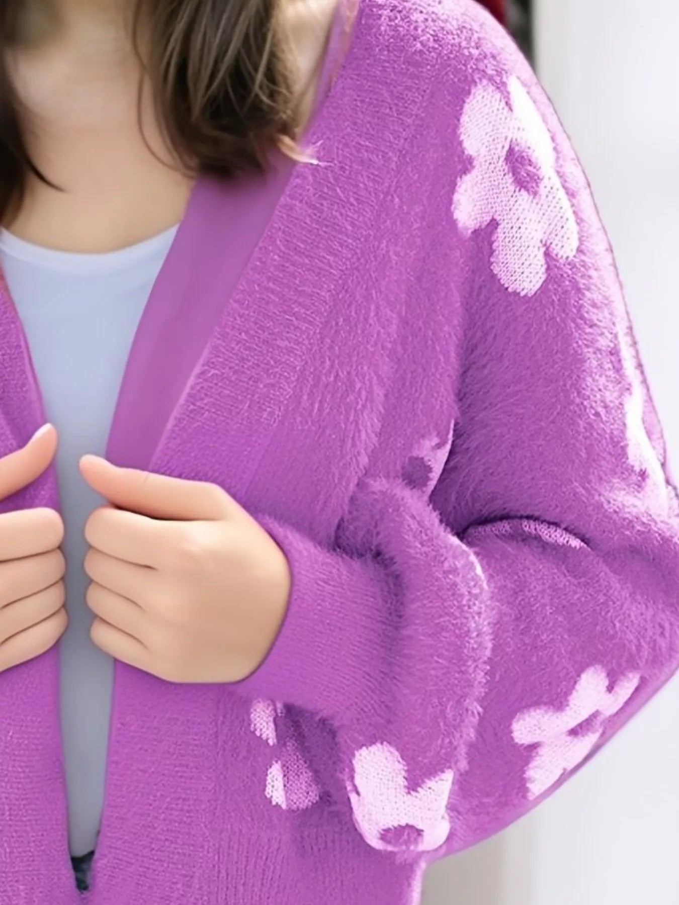 Floral Open Front Cardigan for women in purple with floral design, perfect for everyday style and comfort.