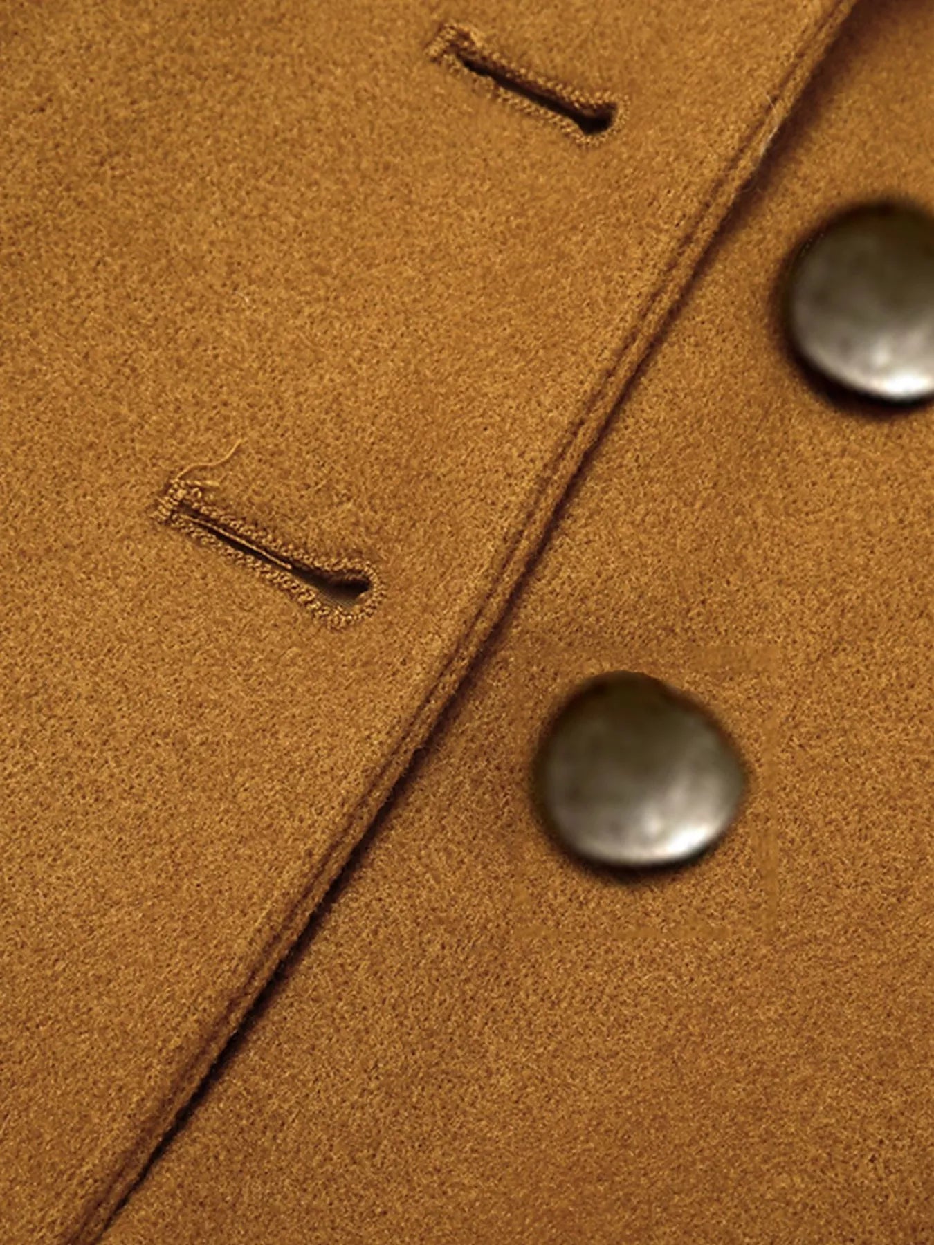 Close-up of Full Size Single Breasted Long Sleeve Overcoat for Women, showcasing button details and texture.