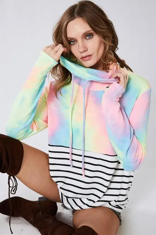 BiBi Tie Dye French Terry Cowl Neck Top with colorful tie-dye and striped design for casual style.