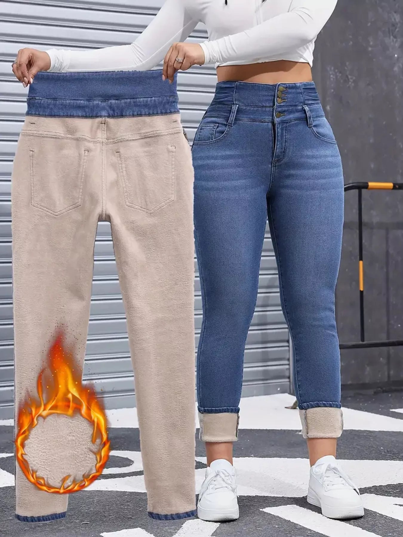 High-Waisted Slim Fit Fleece-Lined Jeans displayed in two colors with a flattering high-rise waist and slim fit silhouette.